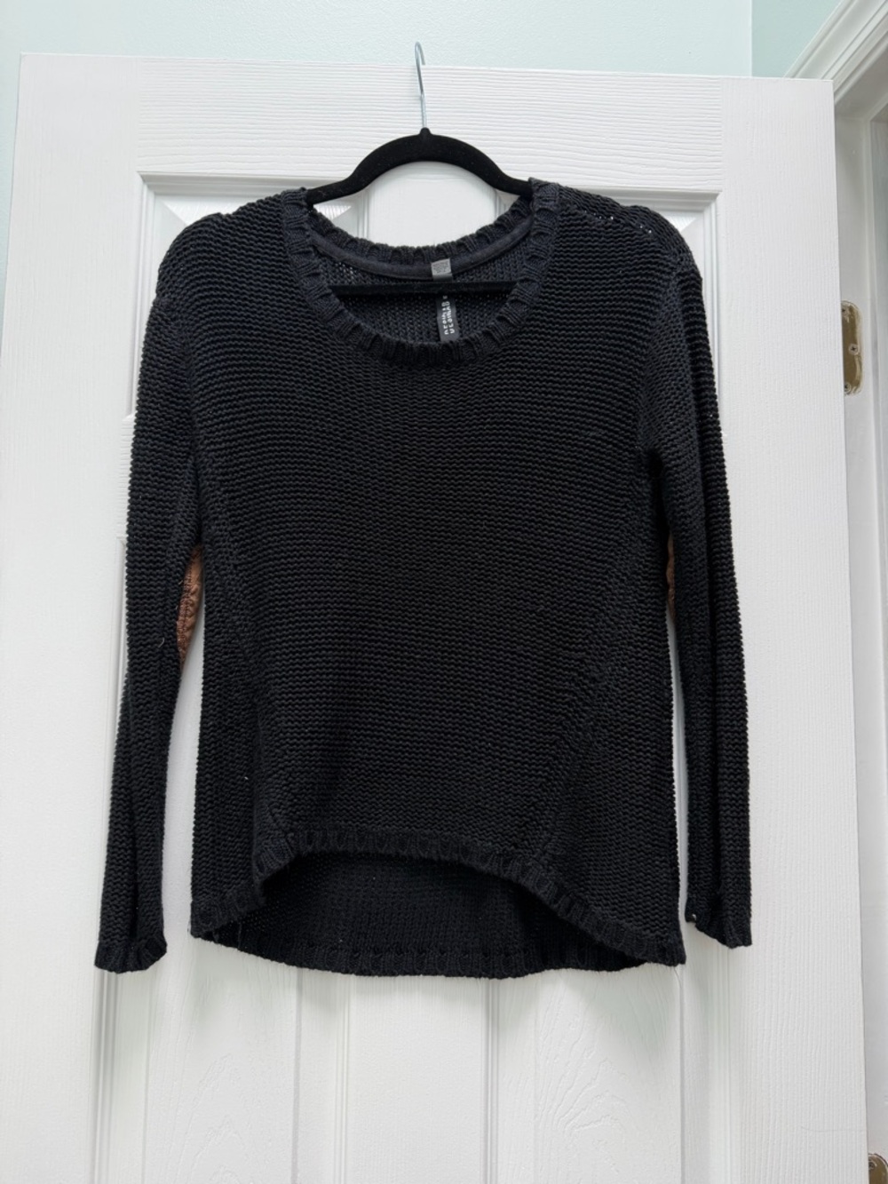 Design Lab Lord & Taylor Black Knit Crewneck Sweater with Elbow Patches